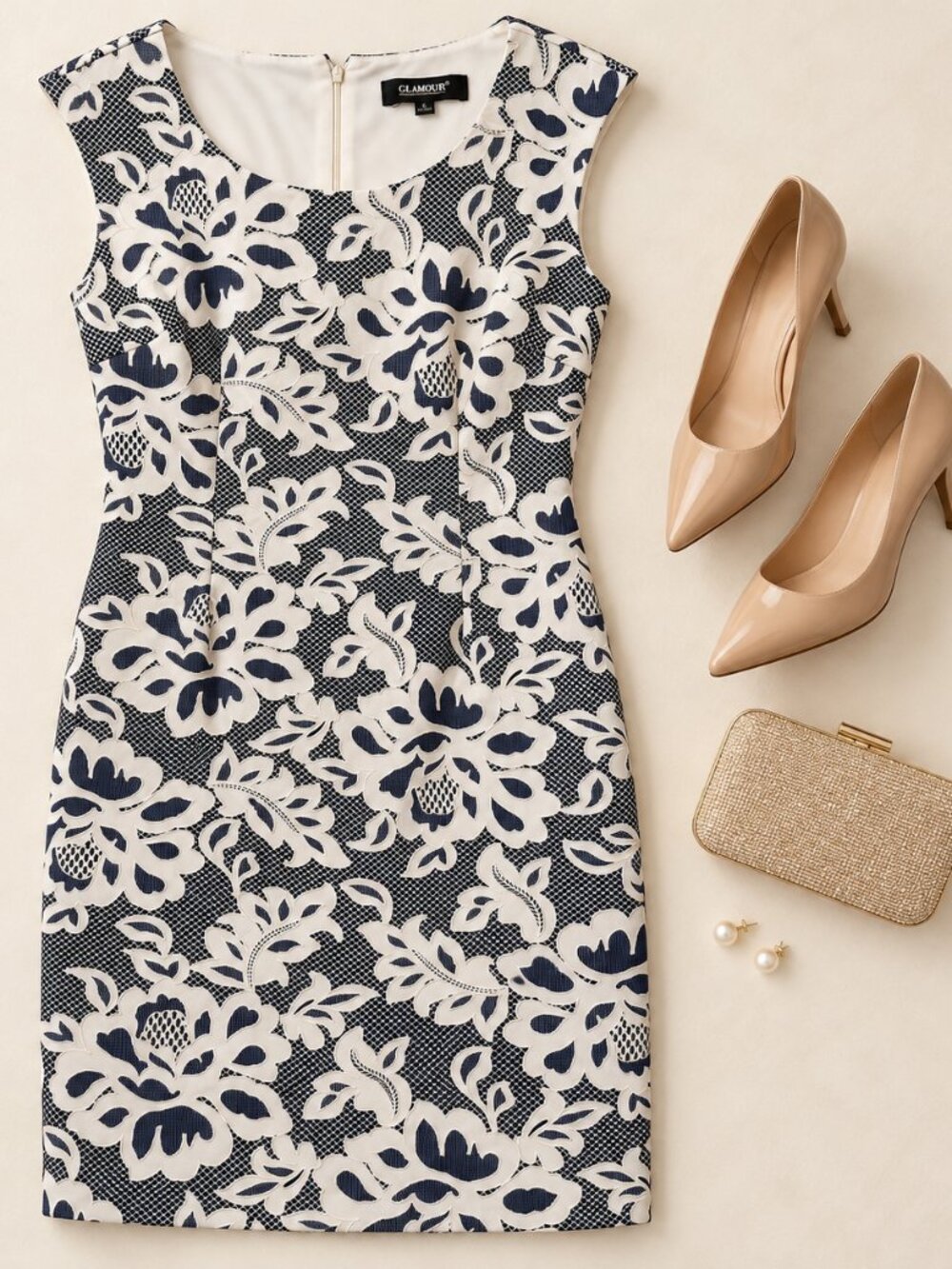 Glamour Navy & Ivory Floral Sheath Dress Size 6